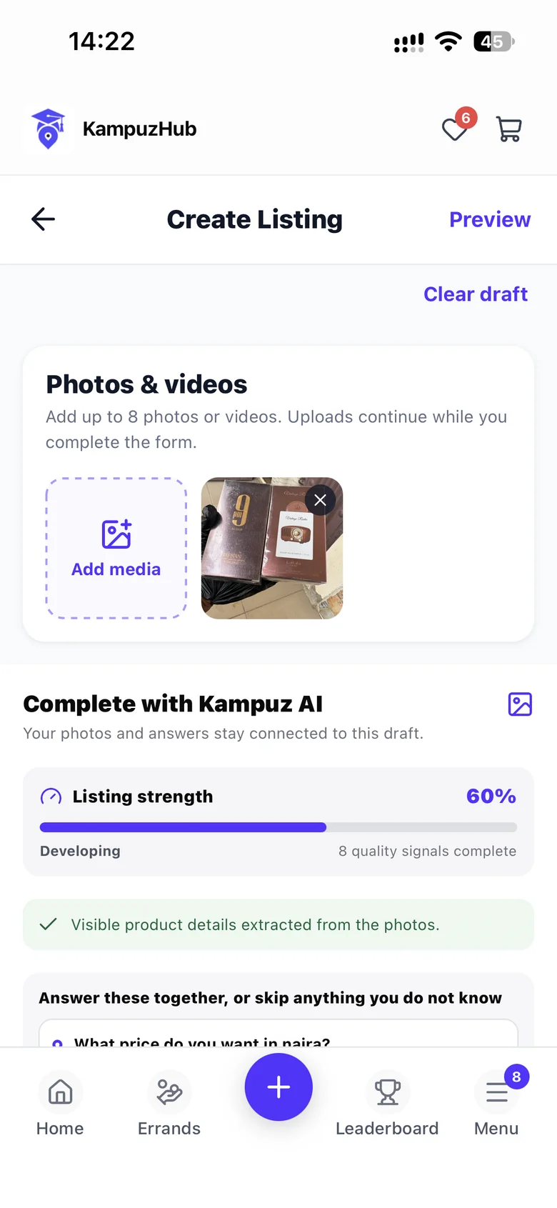 KampuzHub listing assistant showing a product draft and suggestions.