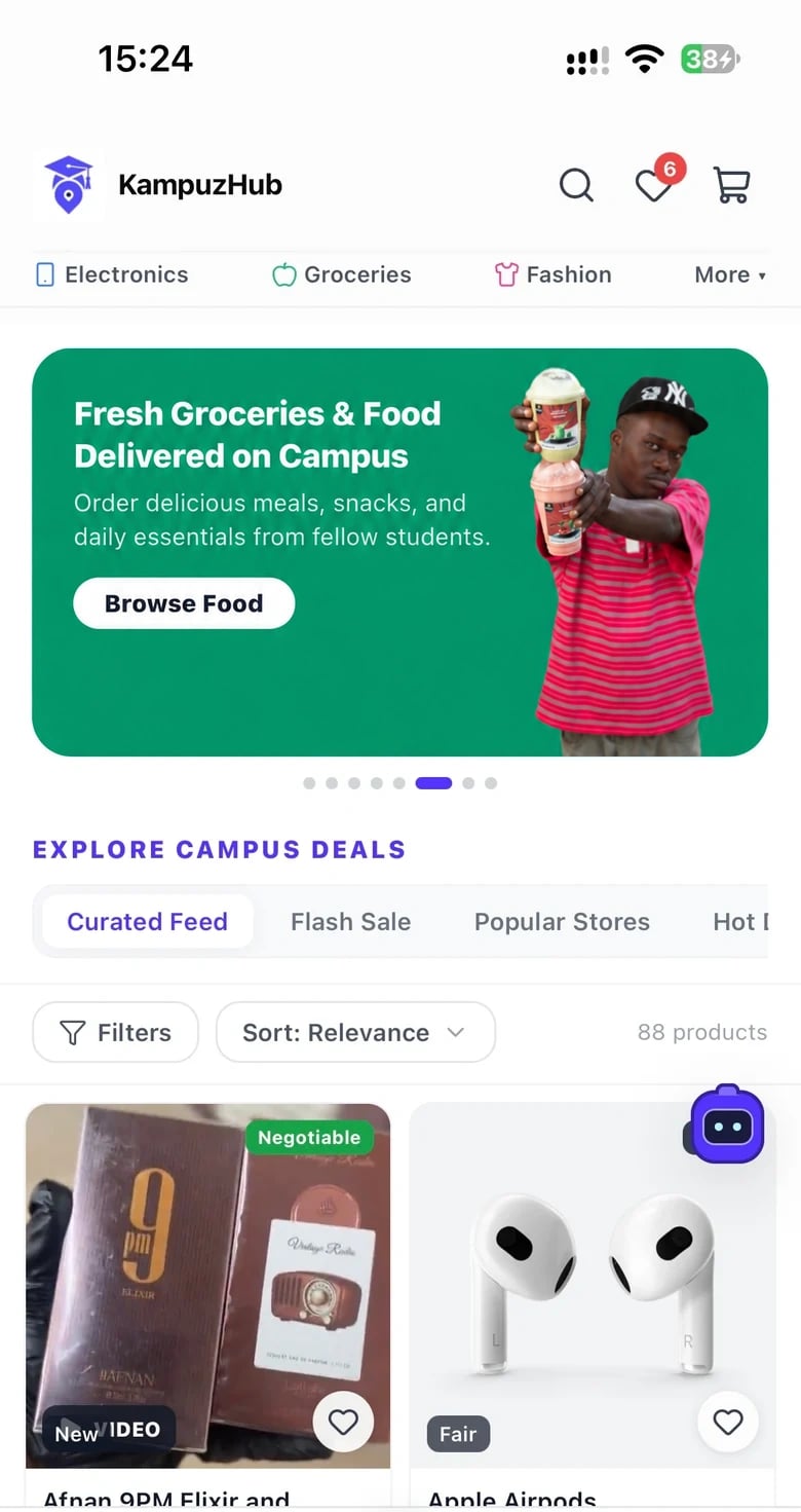 The real KampuzHub marketplace, with campus categories, product filters and nearby listings.
