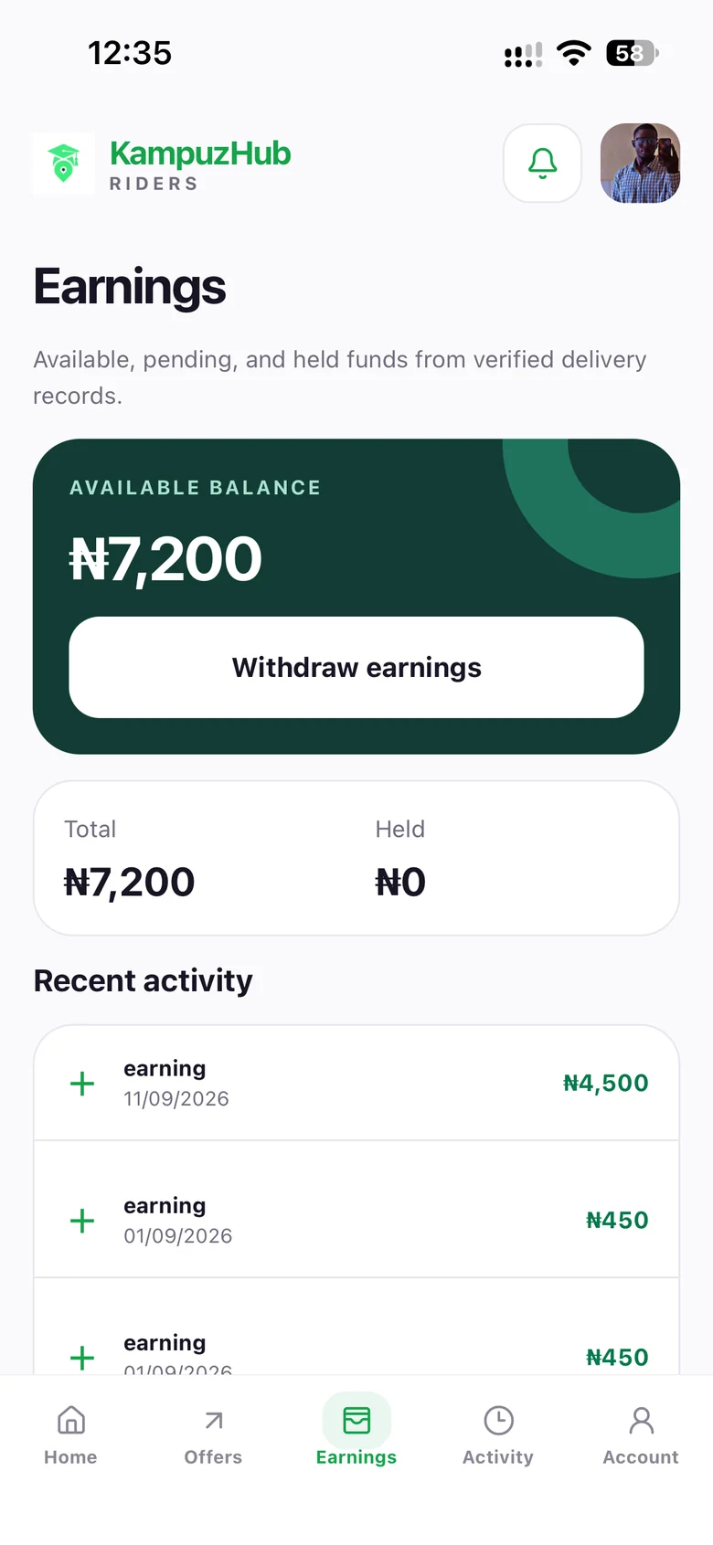 Original Rider app earnings screen with balance and transaction activity; example account, not an earnings promise.